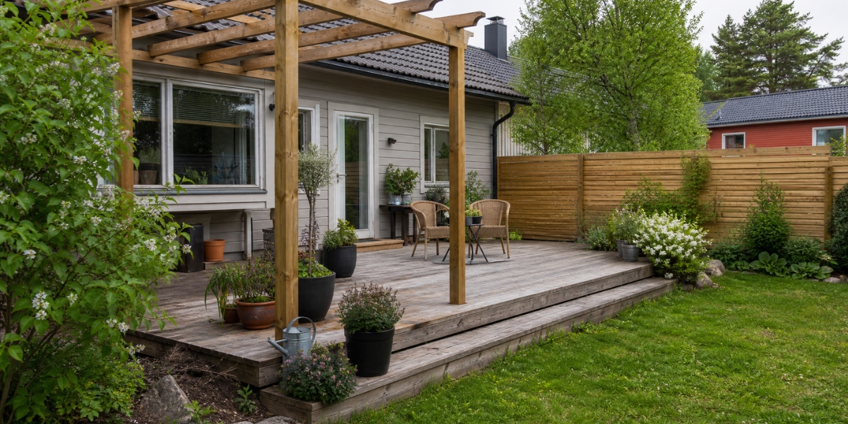 Puinen terassi ja pergola omakotitalon pihalla.