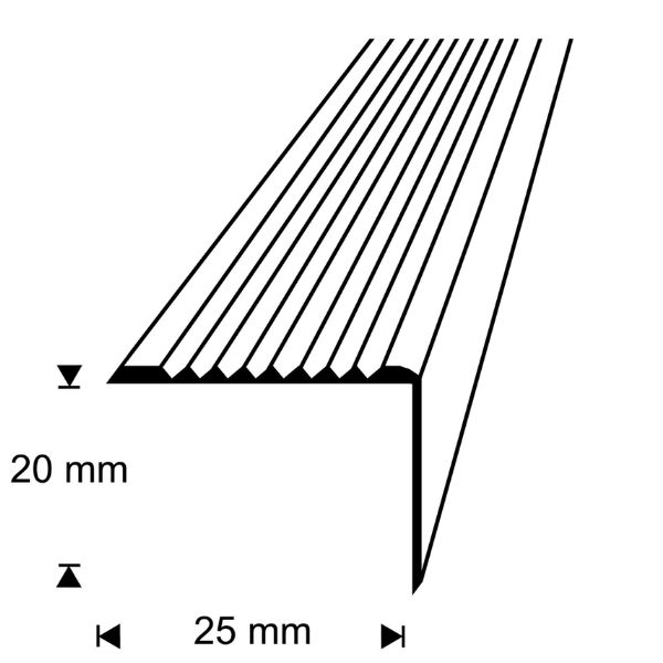 Anodisoitu alumiininen askelkulma 25 x 20 mm portaiden reunojen viimeistelyyn. Helppo tarrakiinnitys, pituus 120 cm. Tuotekoodi 681612.
