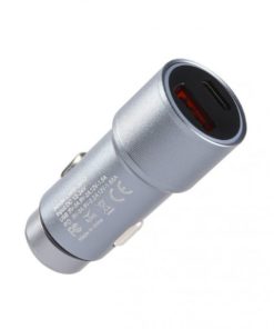 Mobia autolaturi USB‑C PD 20W + USB‑A QC3.0 18W (max 38W) – lataa kahta laitetta yhtä aikaa, sopii 12/24 V ajoneuvoihin. Tuotekoodi AUTOPDQCSIL, EAN 6430076522009.