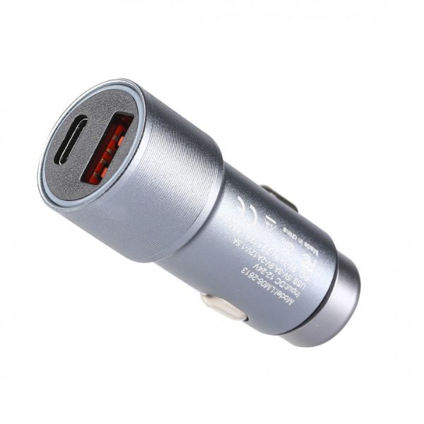 Mobia autolaturi USB‑C PD 20W + USB‑A QC3.0 18W (max 38W) – lataa kahta laitetta yhtä aikaa, sopii 12/24 V ajoneuvoihin. Tuotekoodi AUTOPDQCSIL, EAN 6430076522009.