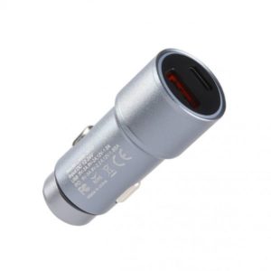 Mobia autolaturi USB‑C PD 20W + USB‑A QC3.0 18W (max 38W) – lataa kahta laitetta yhtä aikaa, sopii 12/24 V ajoneuvoihin. Tuotekoodi AUTOPDQCSIL, EAN 6430076522009.