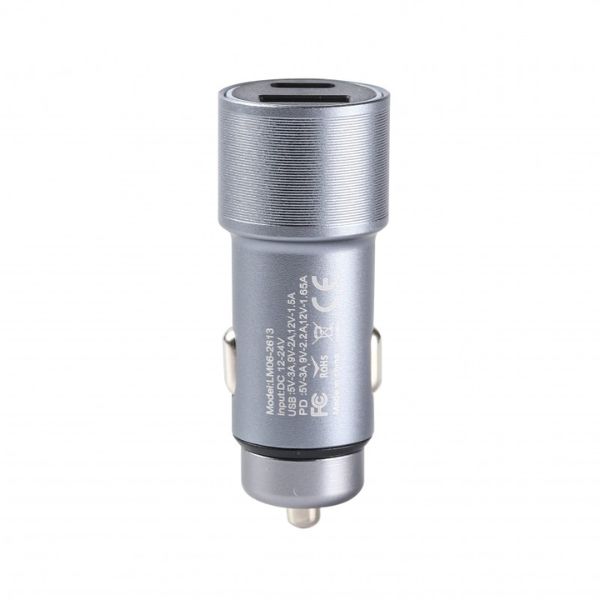 Mobia autolaturi USB‑C PD 20W + USB‑A QC3.0 18W (max 38W) – lataa kahta laitetta yhtä aikaa, sopii 12/24 V ajoneuvoihin. Tuotekoodi AUTOPDQCSIL, EAN 6430076522009.