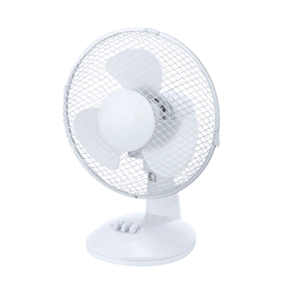 Emax Home 9" pöytätuuletin kotiin ja toimistoon. 20 W teho, 2 nopeutta, oskilloiva sivuttaisliike ja mitat 210 × 275 × 370 mm.