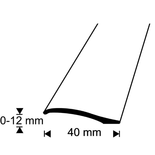 Anodisoitu alumiininen eritasolista 40 mm, soveltuu 0–12 mm korkoeroille. Helppo tarrakiinnitys ilman ruuveja, pituus 200 cm. Tuotekoodi 471621.