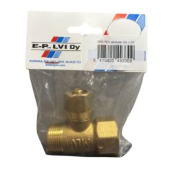 1-osainen jakotukki PEX-liittimillä – suomalainen mitoitus, 1/2" kierreväli 50 mm ja karhennettu 3/4" kierre. Täyttää STF- ja SFS-vaatimukset. EAN 6415820493309.