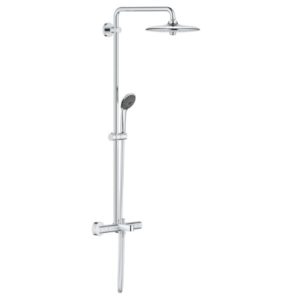 Grohe Precision Joy -kattosuihkupaketti ammeelle ja suihkuun – termostaattihana, Vitalio Joy 260 -kattosuihku ja Vitalio Joy Massage -käsisuihku EcoJoy- ja TurboStat-teknologioilla. EAN 4005176982224.