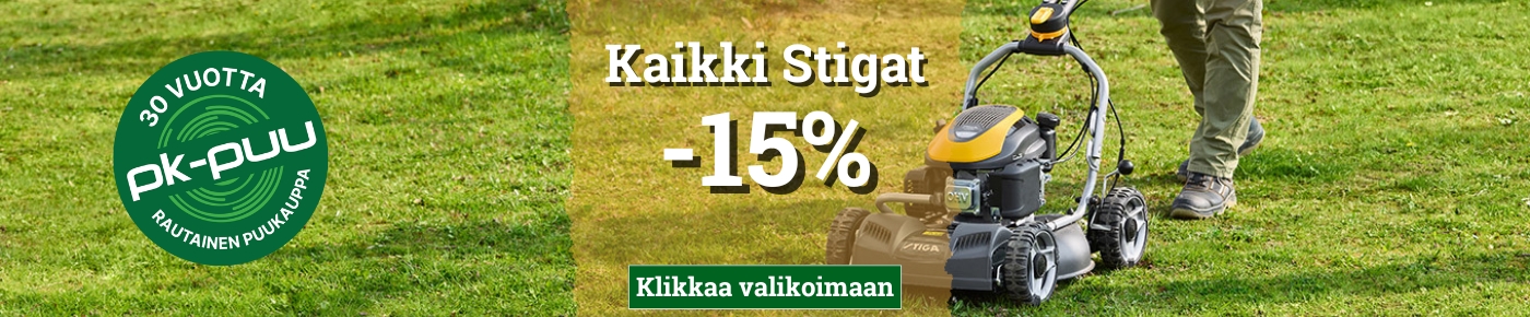 Stiga alennus - PK-Puu rautakaupasta kaikki Stigat -15% elokuussa 2025