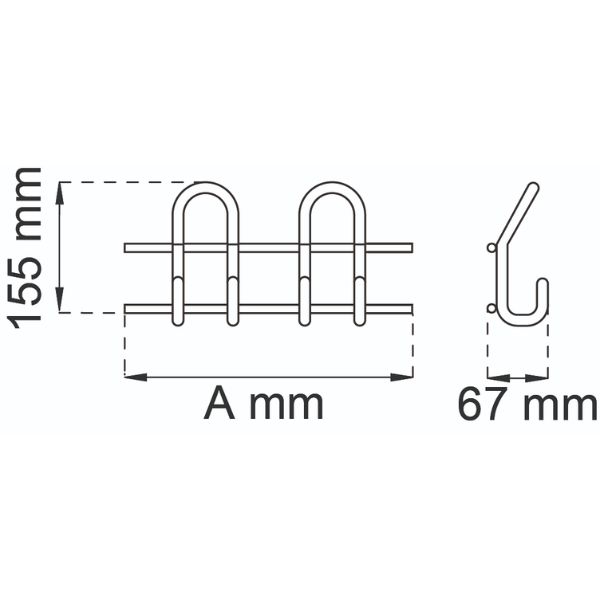 Koukkulista Saturn – valkoinen teräs, 2 koukkua, pituus 300 mm, ulkonema 67 mm