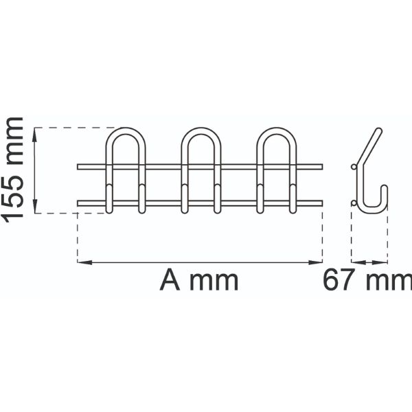 Koukkulista Saturn – valkoinen terästä, 3 koukkua, pituus 450 mm, ulkonema 67 mm
