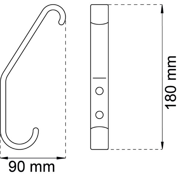 Koulukoukku 1020 musta – klassinen teräksinen kaksoiskoukku 90 mm ulkonemalla, ruuveilla