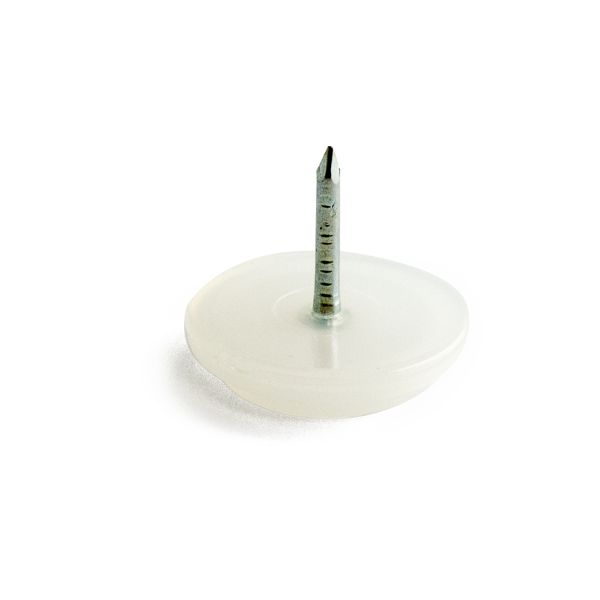 Liukunasta 108, kirkas 22 mm – huomaamaton muovinen liukunasta naulakiinnityksellä, 12 kpl pakkauksessa. ART.NR 45815, EAN 7317900045813.