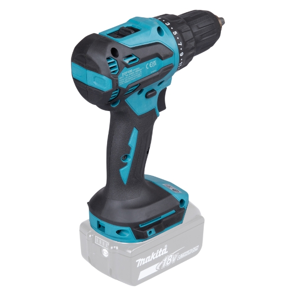 Makita DDF490Z 18V LXT akkuporakone runkona. Hiiliharjaton moottori, 50 Nm vääntö, kompakti rakenne ja XPT-suojaus poraukseen sekä ruuvaukseen.