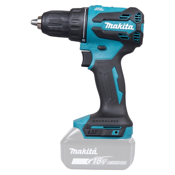Makita DDF490Z 18V LXT akkuporakone runkona. Hiiliharjaton moottori, 50 Nm vääntö, kompakti rakenne ja XPT-suojaus poraukseen sekä ruuvaukseen.