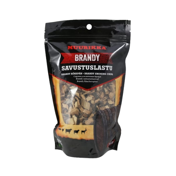 Muurikka Brandy savustuslastu 360 g. Tammitynnyristä valmistettu lastu tuo syvän ja aromikkaan maun grillaukseen ja savustukseen.