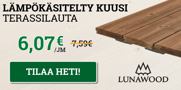 Lämpökäsitelty kuusi terassilauta PK-Puu rautakaupasta tarjouksessa