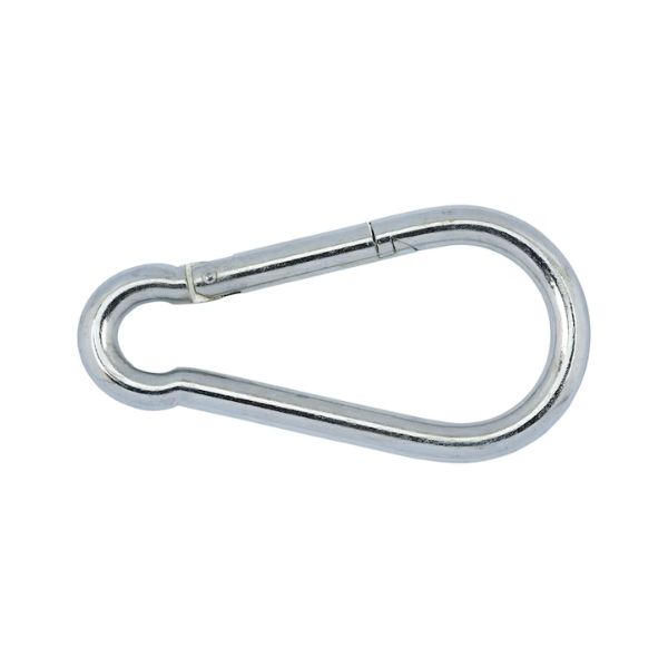 Palomiehenhaka DIN 5299 ZN 100 × 10 mm – järeä, sinkitty karabiinihaka raskaampiin yleiskiinnityksiin. EAN 6417926311839.