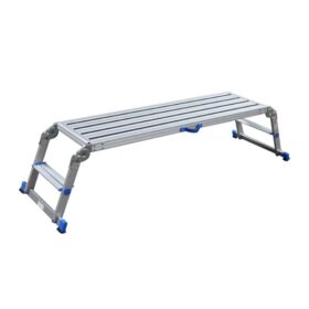 Vakaa Tikli Hobby 2-askelmainen alumiinityötaso seinä- ja kattotöihin. Seisontataso 450 × 1500 mm, kantavuus 150 kg.