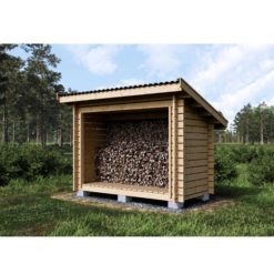 Puukatos R4.6P – tilava puukatos polttopuille, koko 1524 × 3003 mm, etuseinäkorkeus 2315 mm, takaseinä 1850 mm. Toimitus sisältää puuosat, kiinnikkeet ja asennusohjeen.