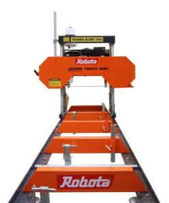 Robota RV1 -kenttävannesaha – tehokas 9 hv sahalaitos tukkien tarkkaan sahaukseen. Sisältää säädettävän teräohjaimen ja vesisäiliön terän voiteluun.