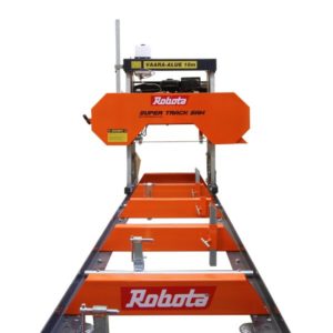 Robota RV1 -kenttävannesaha – tehokas 9 hv sahalaitos tukkien tarkkaan sahaukseen. Sisältää säädettävän teräohjaimen ja vesisäiliön terän voiteluun.