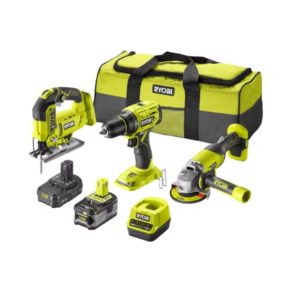 Ryobi RCK183A-242S akkukonesarja, 18V ONE+, porakone, pistosaha ja kulmahiomakone