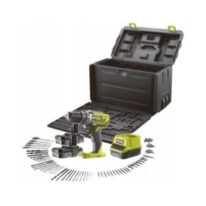 Ryobi R18DD3-220X akkukäyttöinen porakonesetti 18V ONE+, 2 akkua ja 100 tarviketta