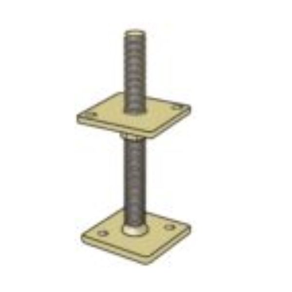 Keltapassivoitu M20-säätöjalka 80 x 80 mm laipalla – kestävä ja säädettävä ratkaisu piharakentamisen tolppakiinnityksiin.