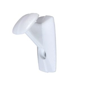 Valkoinen muovinen narunpidike sälekaihtimelle, 2 kpl pakkauksessa, ruuvikiinnitys. EAN 6414675026809.