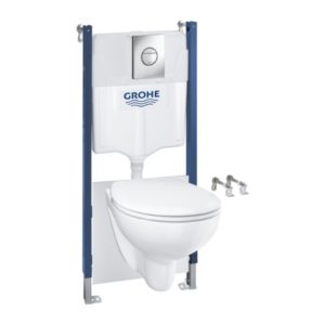 Grohe Solido Bau Ceramic seinä-WC-paketti – täydellinen asennusvalmis kokonaisuus Sail-huuhtelupainikkeella ja äänieristyssetillä. EAN 4005176390548.