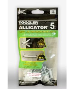 Toggler Alligator AF5-20 seinätulppa 5 mm – kevyt ja varma kiinnike useimpiin seinämateriaaleihin, 20 kpl + 4×35 mm ruuvit. EAN 6416781003507.