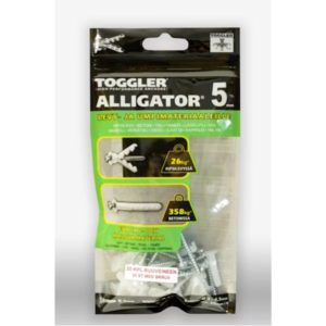 Toggler Alligator AF5-20 seinätulppa 5 mm – kevyt ja varma kiinnike useimpiin seinämateriaaleihin, 20 kpl + 4×35 mm ruuvit. EAN 6416781003507.