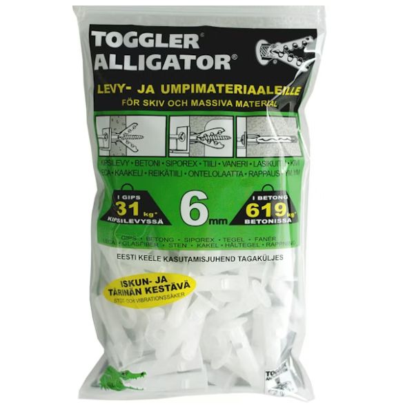 TOGGLER® ALLIGATOR AF6 6 mm ‑kiinnike – monikäyttöinen ja helppo ratkaisu kipsilevylle, betonille ja muihin materiaaleihin. Vahva pito sekä levy- että umpimateriaaleissa. Pakkauksessa 100 kpl. EAN: 6416781002302