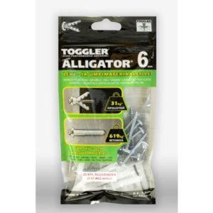 Toggler Alligator AF6-20 seinätulppa 6 mm – monikäyttöinen kiinnike lähes kaikkiin seinämateriaaleihin, 20 kpl + 5×40 mm ruuvit. EAN 6416781003606.