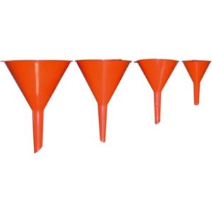 4-osainen muovinen suppilosarja – koot 50/75/100/120 mm nesteiden ja rakeisten aineiden siistiin kaatamiseen. EAN 6417196645733.