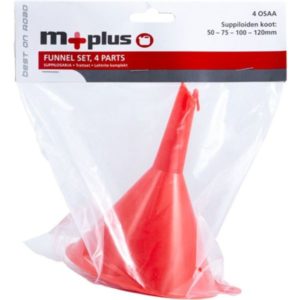 4-osainen muovinen suppilosarja – koot 50/75/100/120 mm nesteiden ja rakeisten aineiden siistiin kaatamiseen. EAN 6417196645733.