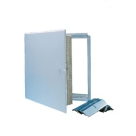 Tarkastusluukku EI30 400 x 400 mm – valkoinen, palotarkastettu luukku seinä- ja kattoasennuksiin. Galvanoitu teräs, pianosarana ja nokkalukitus. EAN 7391695210601.