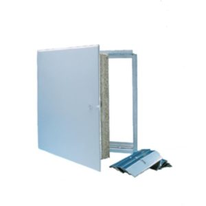 Tarkastusluukku EI30 400 x 400 mm – valkoinen, palotarkastettu luukku seinä- ja kattoasennuksiin. Galvanoitu teräs, pianosarana ja nokkalukitus. EAN 7391695210601.